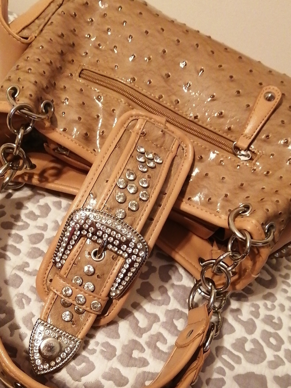 Silverake Ostrich Embossed Vegan Leather With Sparkling Crystals ShoulderBag - Picture 7 of 13